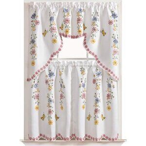 3pcs Farmhouse Kitchen Cafe Curtain Set Air Brushed by Hand of Flowers&Butterfly